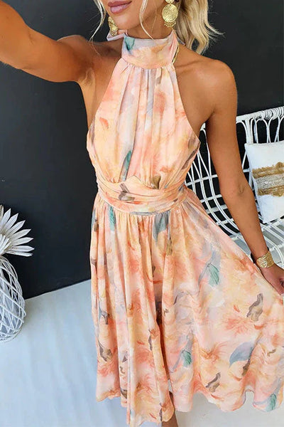 Sari™ - Long Halter Dress with Watercolour Pattern