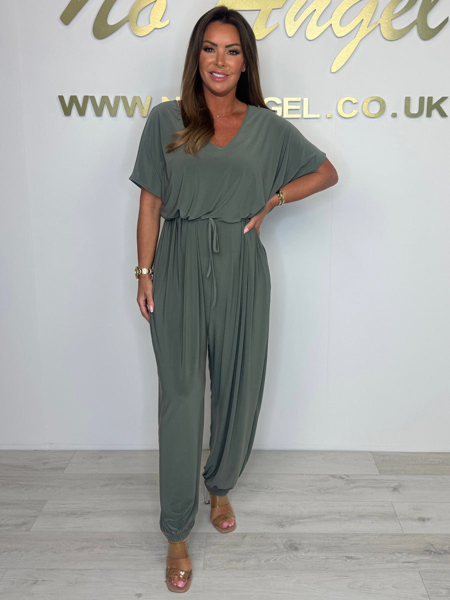 2025 Cotton jumpsuit with V-neck and tie belt