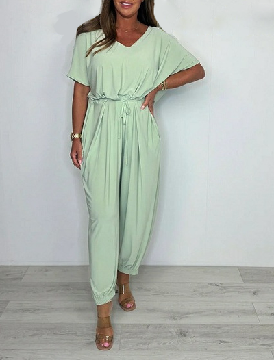2025 Cotton jumpsuit with V-neck and tie belt